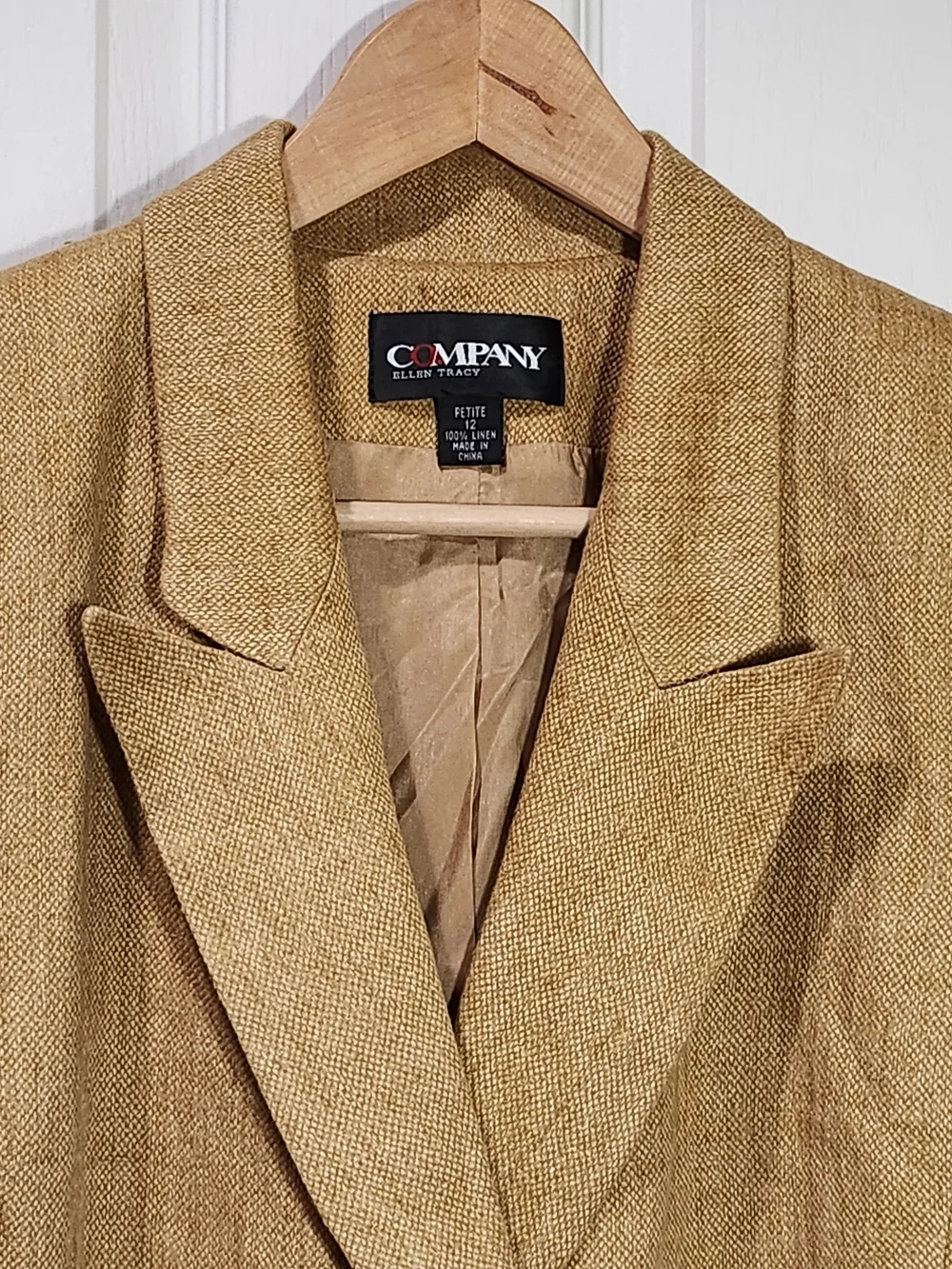 Ellen Tracy Company Petite Gold Tan 100% Linen Double Breasted Blazer Size 12